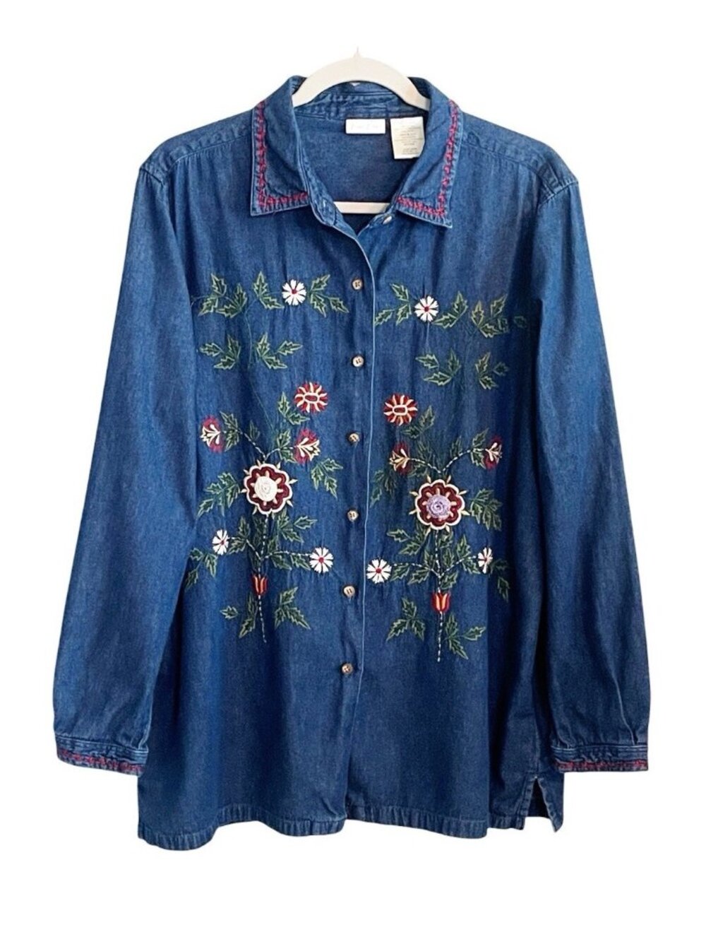 VTG Bobbie Brooks Floral Embroidered Long Sleeve Denim Button Front Shirt Large
